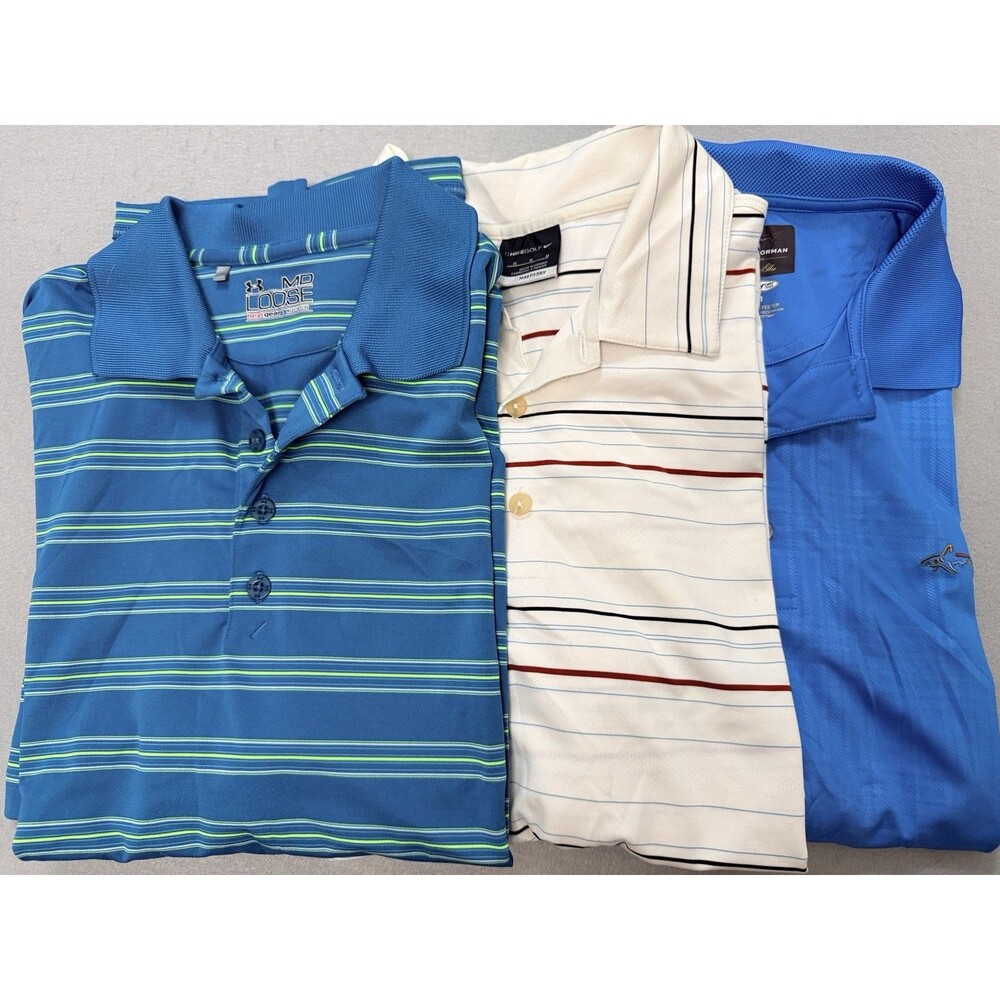 3 Men’s Medium Golf Polos Under Armour Nike Greg Norman Blue White
